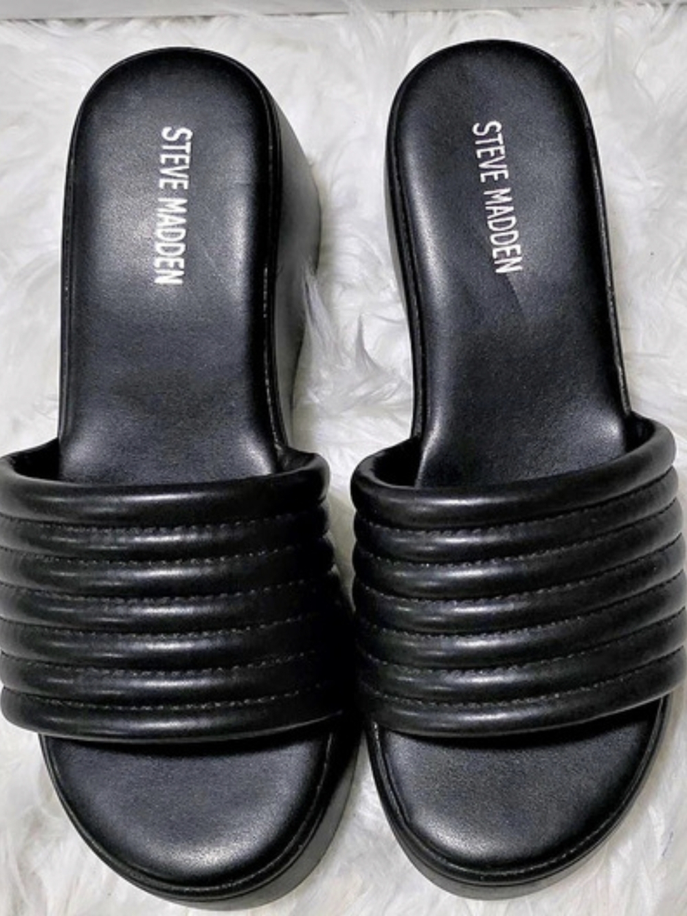 Steve Madden Black Platform Slide Sandals. New